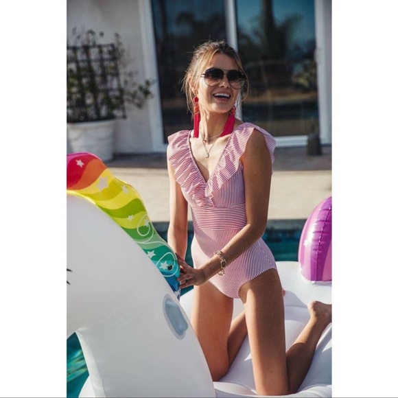 AAVA ONE PIECE RUFFLE Candy Striped SWIM SUIT - Picture 1 of 8